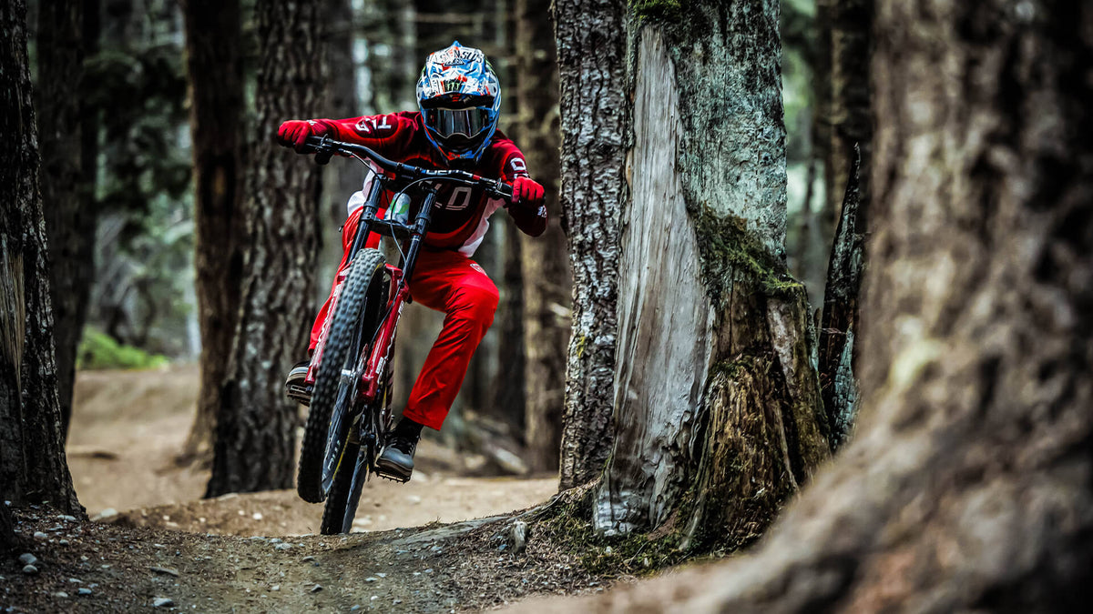 Moutain Bike rider going through trees